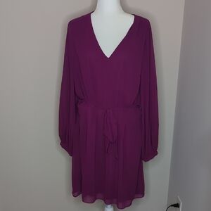Express Long Sleeve V-Neck Tie-Waist Dress - Plum Size XL
